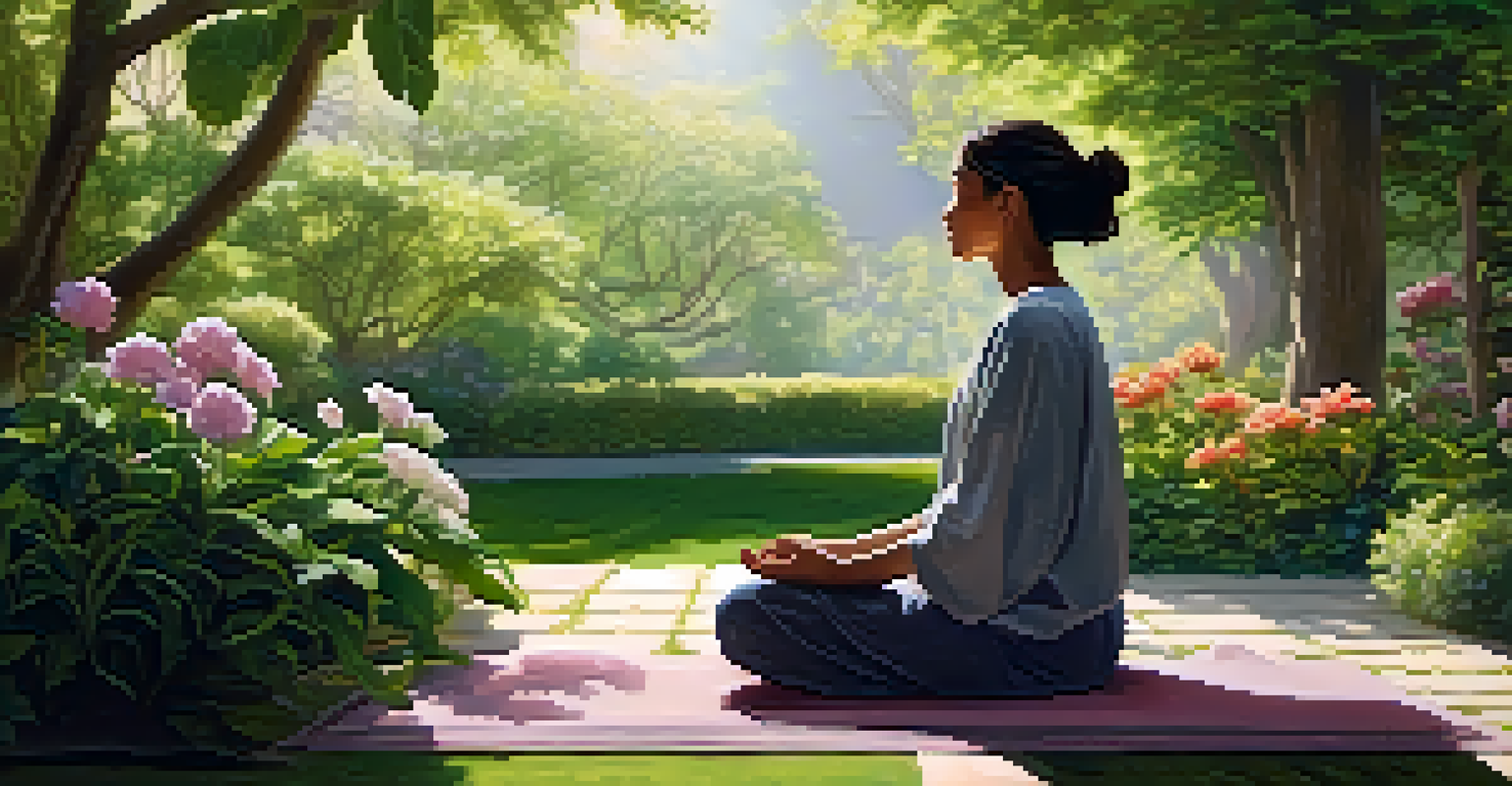 A person practicing mindfulness in a garden, seated cross-legged among greenery and flowers.