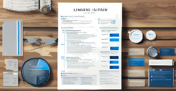 A resume displayed on a wooden desk, featuring icons and a pie chart, illuminated by natural light.