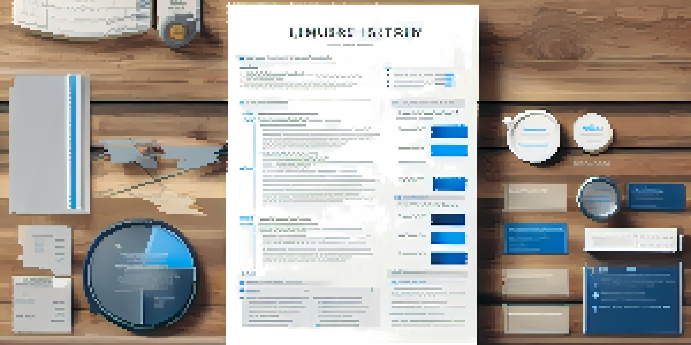 A resume displayed on a wooden desk, featuring icons and a pie chart, illuminated by natural light.