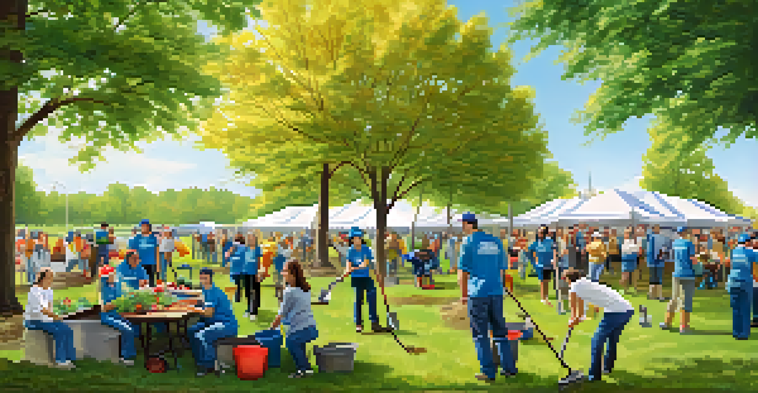 Employees participating in a community service event, planting trees and cleaning a local park, with a joyful atmosphere and clear skies.