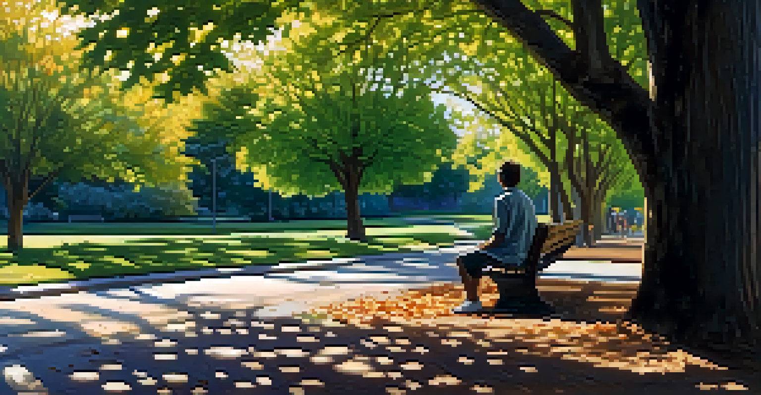 A person sitting on a park bench with a notebook in a sunlit park, surrounded by trees, reflecting on their goals.