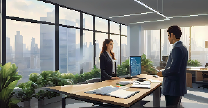 A young professional observing a mentor in a modern office, with a computer screen showing graphs.