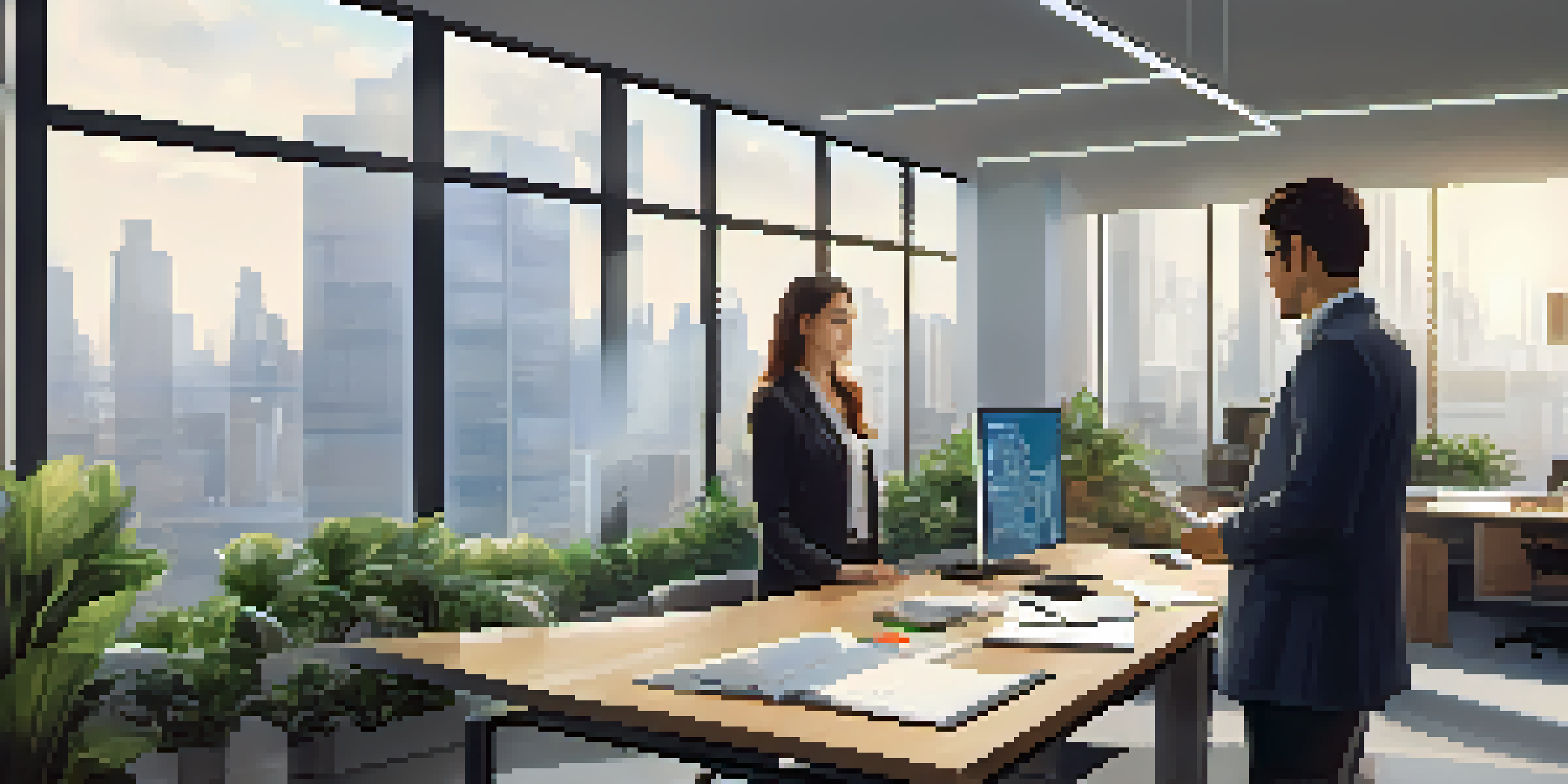 A young professional observing a mentor in a modern office, with a computer screen showing graphs.