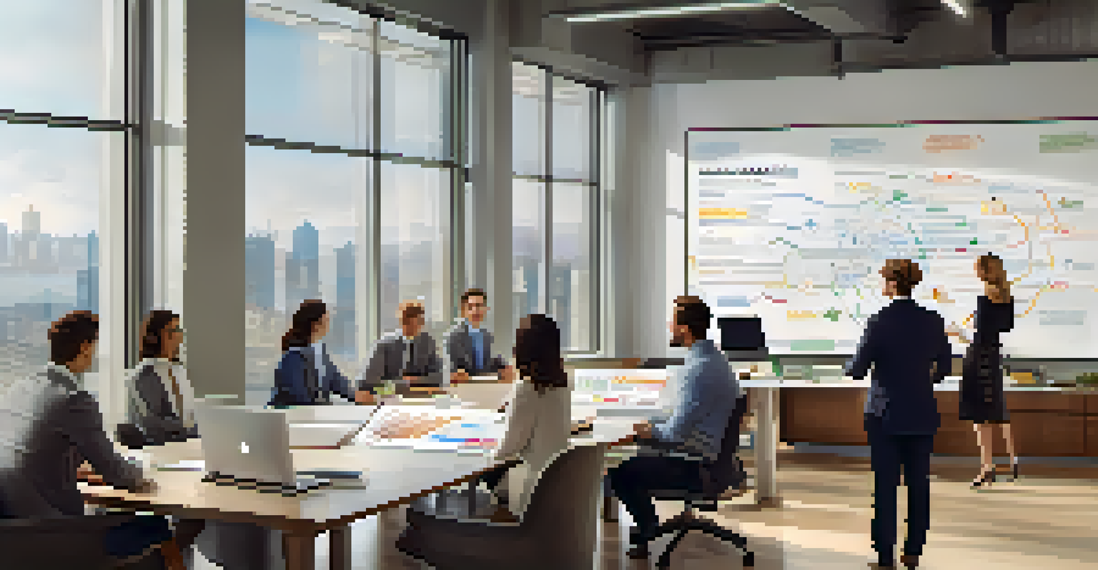 A confident leader in a modern office, surrounded by a diverse team discussing strategies, with bright lighting and growth charts.