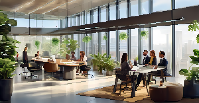 A diverse group of employees in a bright modern office meeting, discussing employee benefits with a large screen in the background.