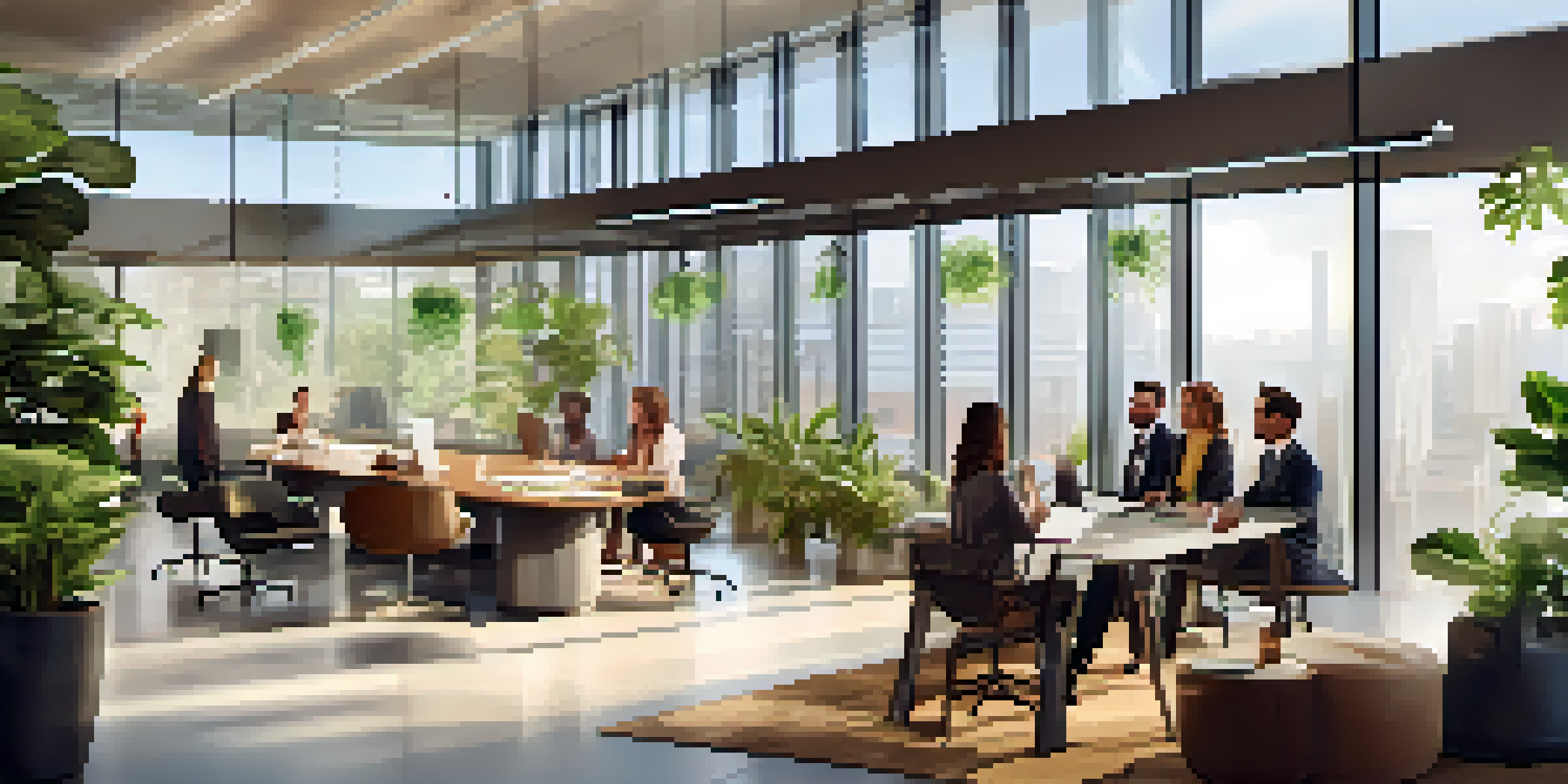 A diverse group of employees in a bright modern office meeting, discussing employee benefits with a large screen in the background.