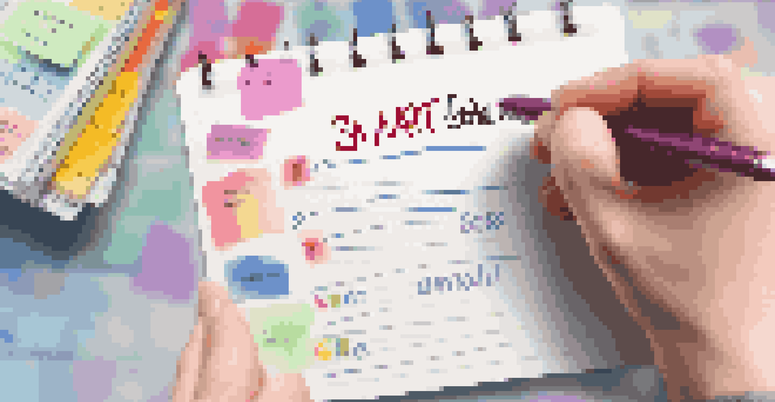A close-up of a hand writing SMART goals on a notepad with colorful sticky notes in a bright workspace.