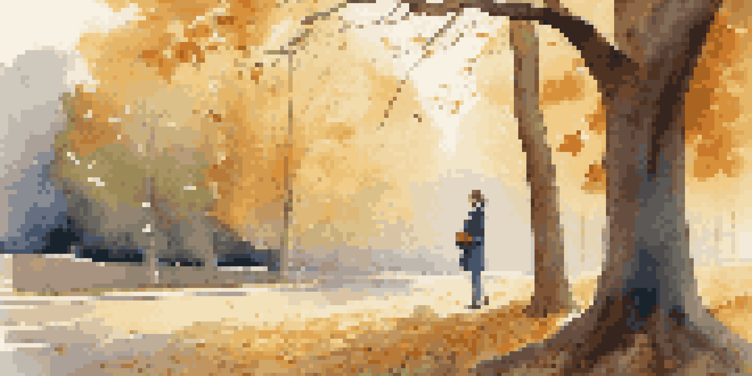 A young professional in an autumn landscape, surrounded by colorful trees shedding leaves, holding a notebook and looking thoughtful.