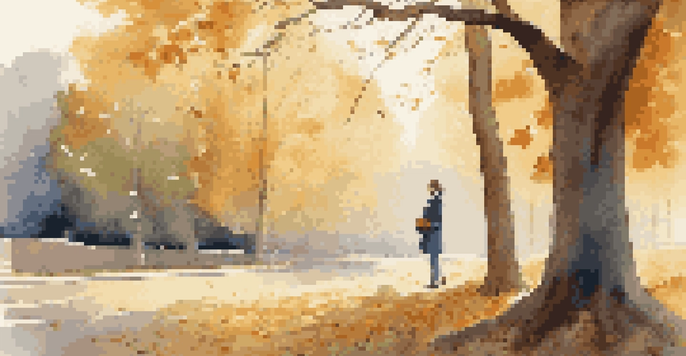 A young professional in an autumn landscape, surrounded by colorful trees shedding leaves, holding a notebook and looking thoughtful.