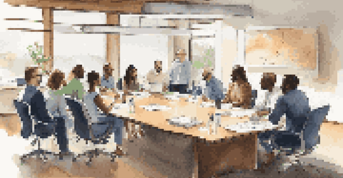 A diverse team of professionals in a bright conference room, engaged in a collaborative meeting with a whiteboard and motivational quotes on the walls.