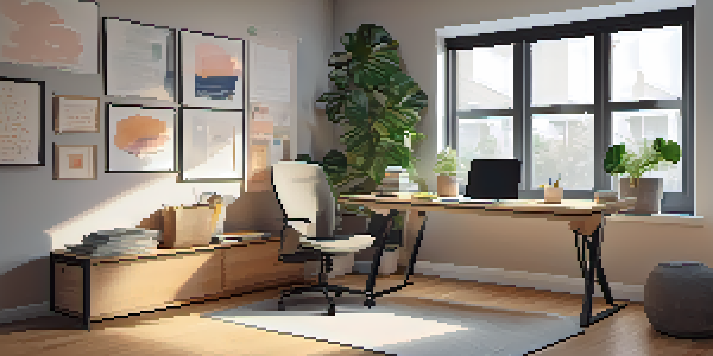 A well-organized modern home office with a laptop, potted plant, and ergonomic chair, illuminated by natural light from a window.