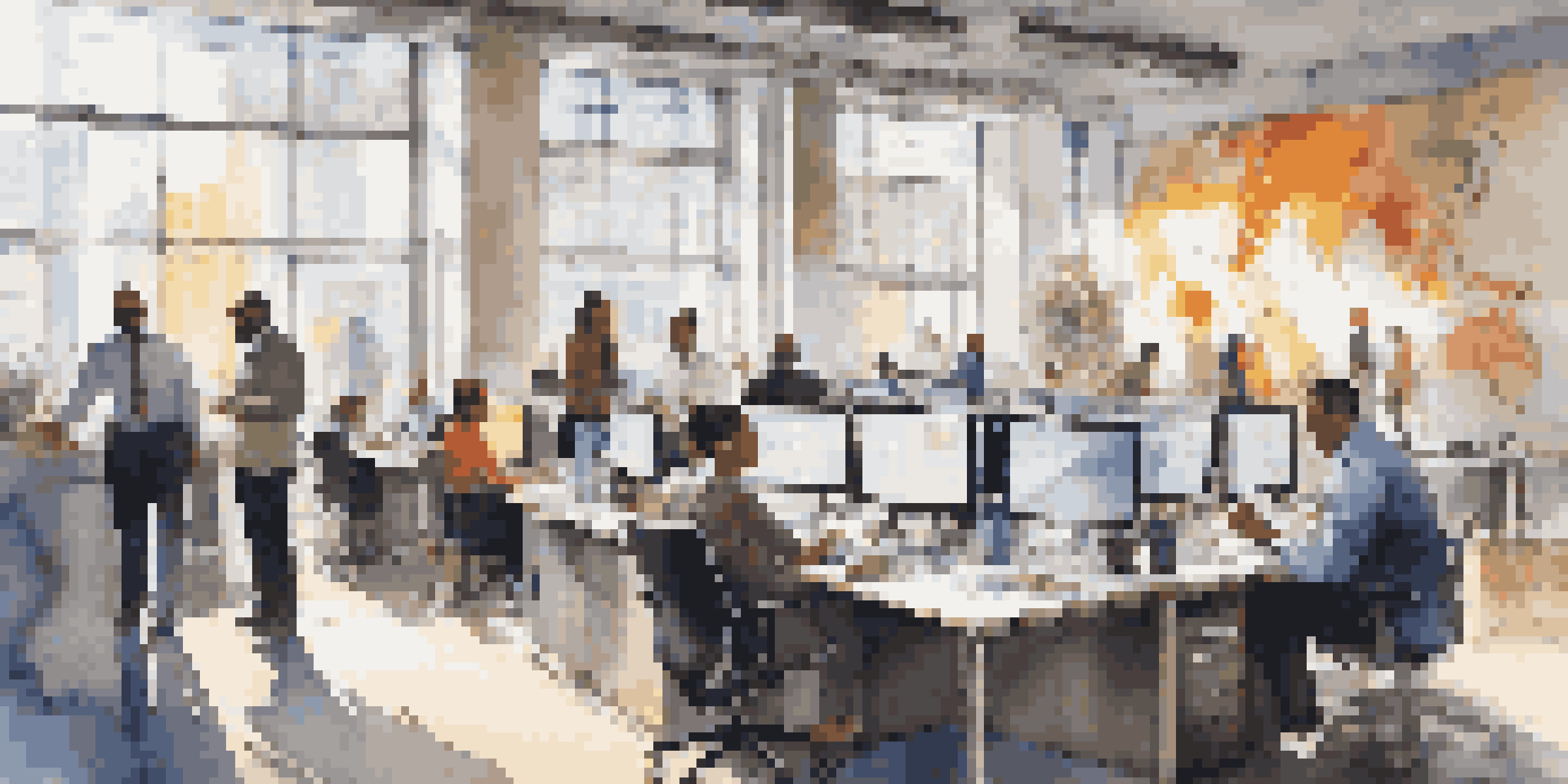 An urban office environment filled with diverse professionals engaged in discussions and collaborating, with bright natural light and colorful charts in the background.