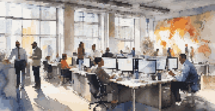 An urban office environment filled with diverse professionals engaged in discussions and collaborating, with bright natural light and colorful charts in the background.