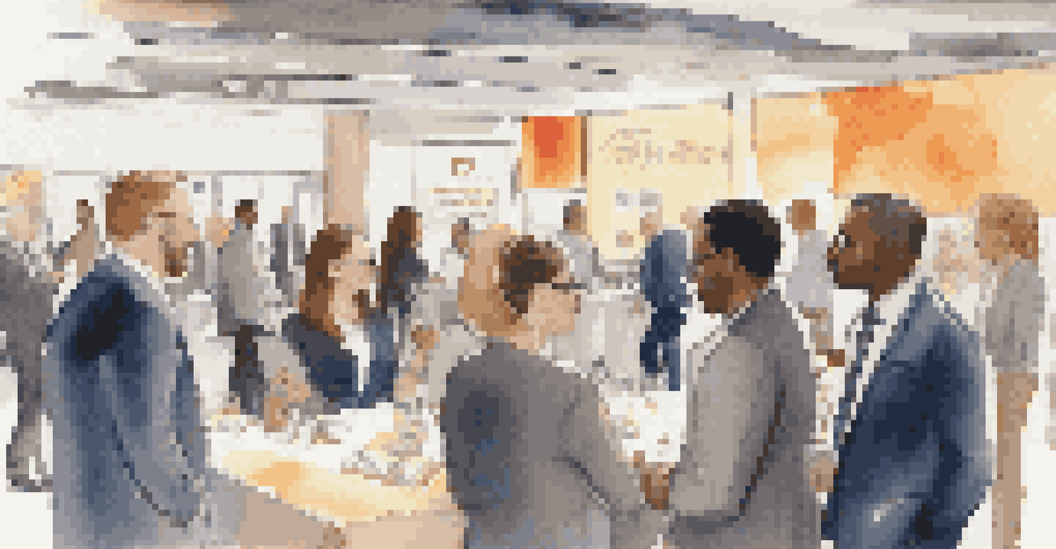 A networking event with professionals of diverse backgrounds talking and exchanging business cards in a warm atmosphere.
