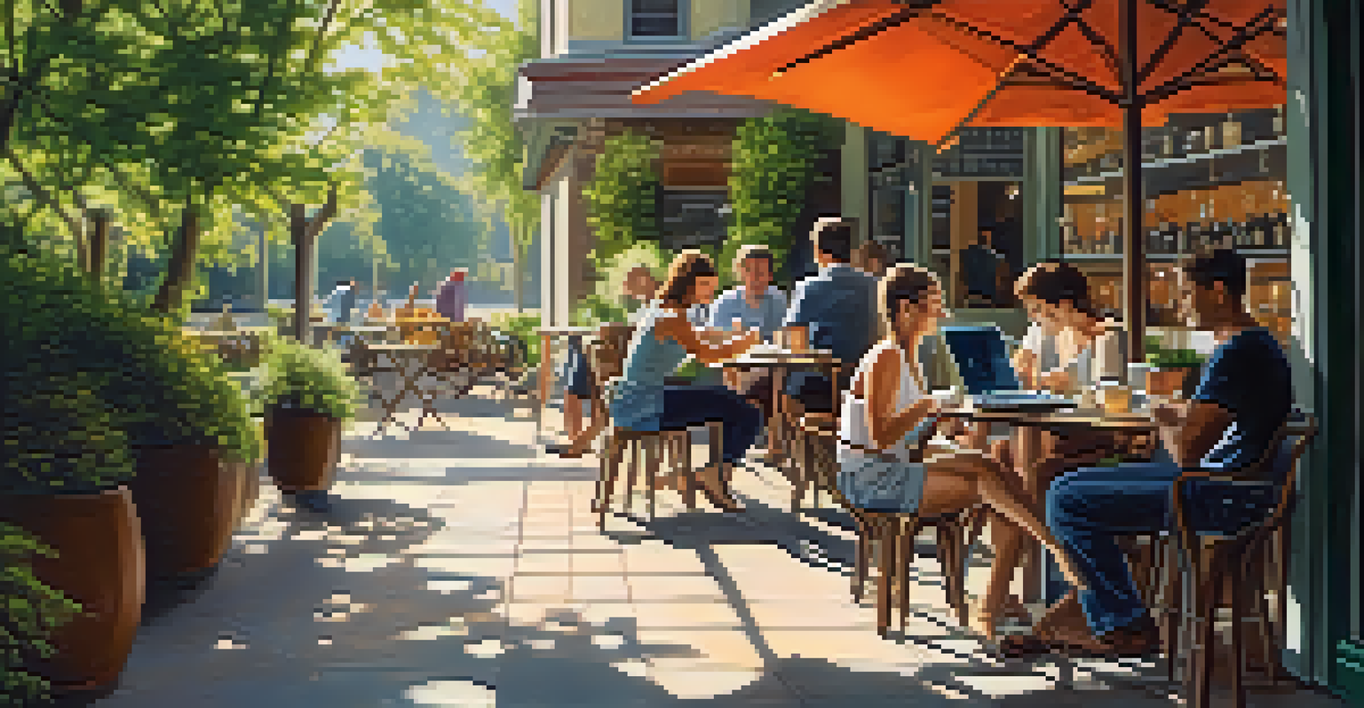 A person working on a laptop at a cafe patio with greenery and sunlight in the background.