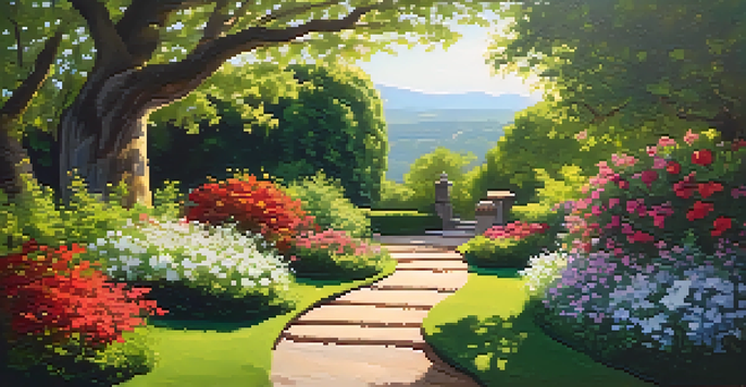 A peaceful garden path surrounded by green plants and colorful flowers, with sunlight shining through the trees above.