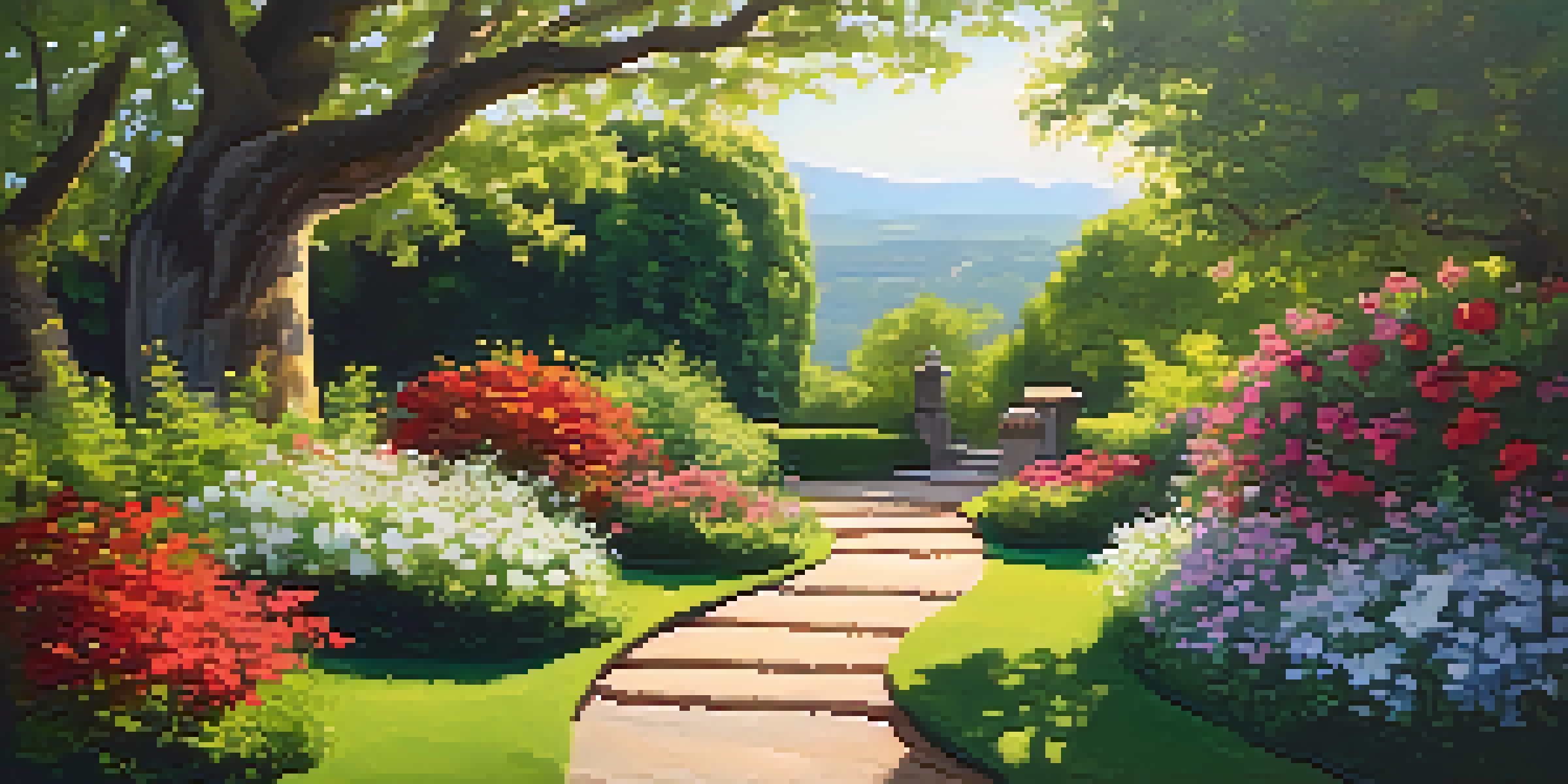 A peaceful garden path surrounded by green plants and colorful flowers, with sunlight shining through the trees above.