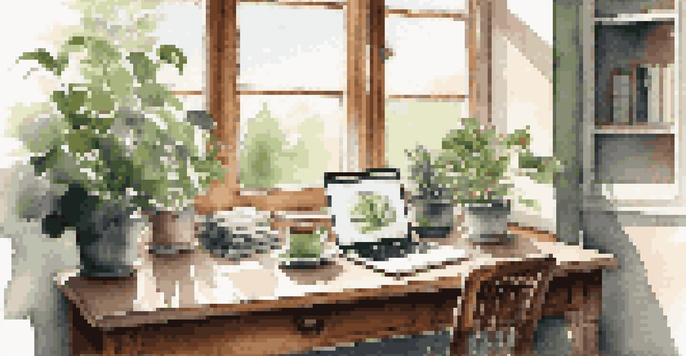 A cozy workspace with a wooden desk, laptop, and coffee cup, illuminated by natural light from a window.