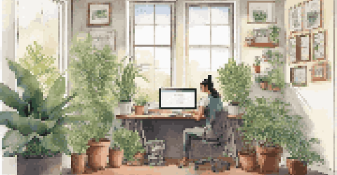 A person in a bright office, sitting at a desk with a laptop, surrounded by plants and warm lighting, looking thoughtful.