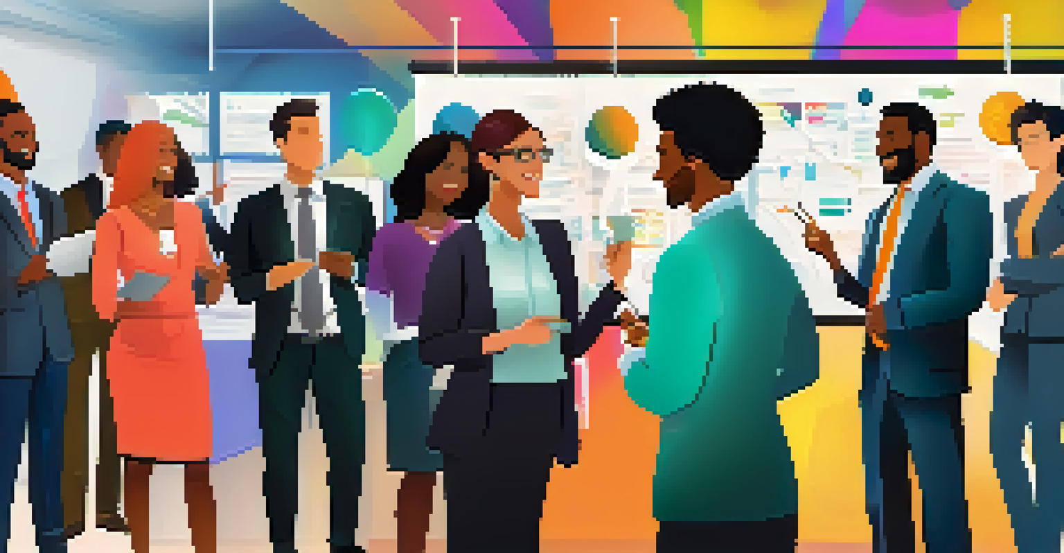 A diverse group of professionals networking at an event, smiling and sharing ideas, with colorful banners in the background.