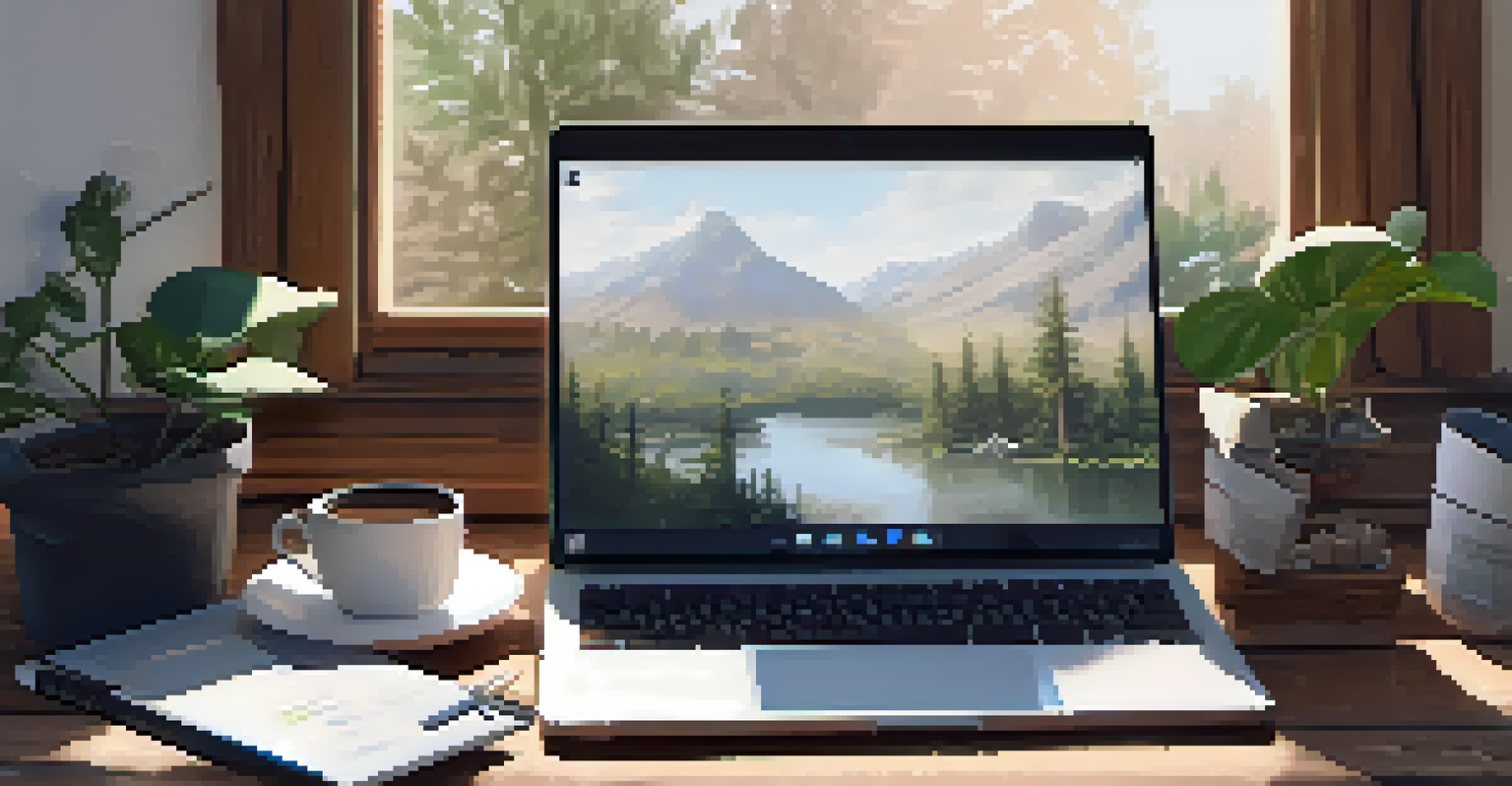 A cozy workspace with a laptop, sketchbook, and coffee cup, bathed in soft natural light.