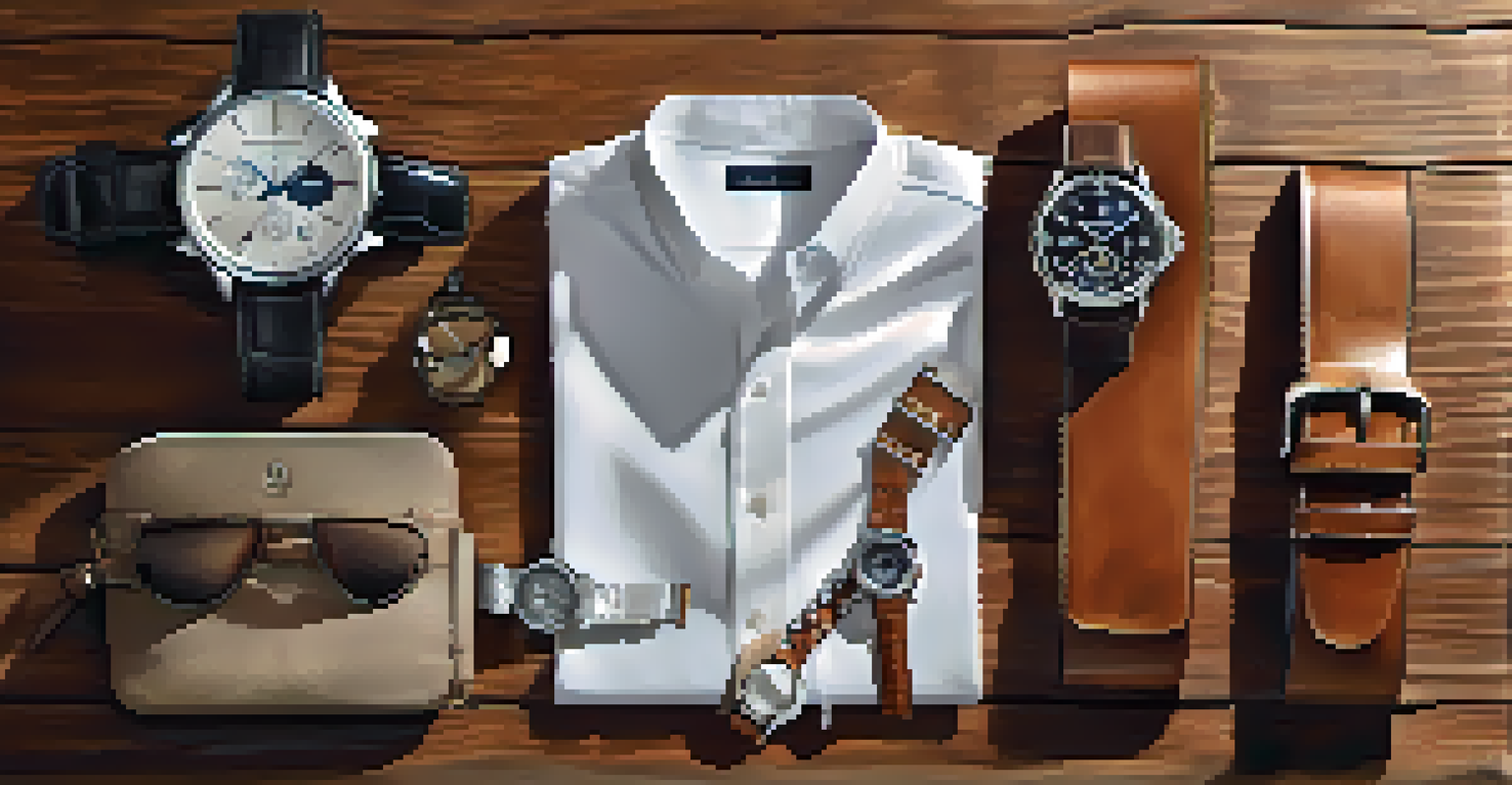 A collection of stylish accessories including a watch, belt, and jewelry, displayed on a wooden table, emphasizing their details.