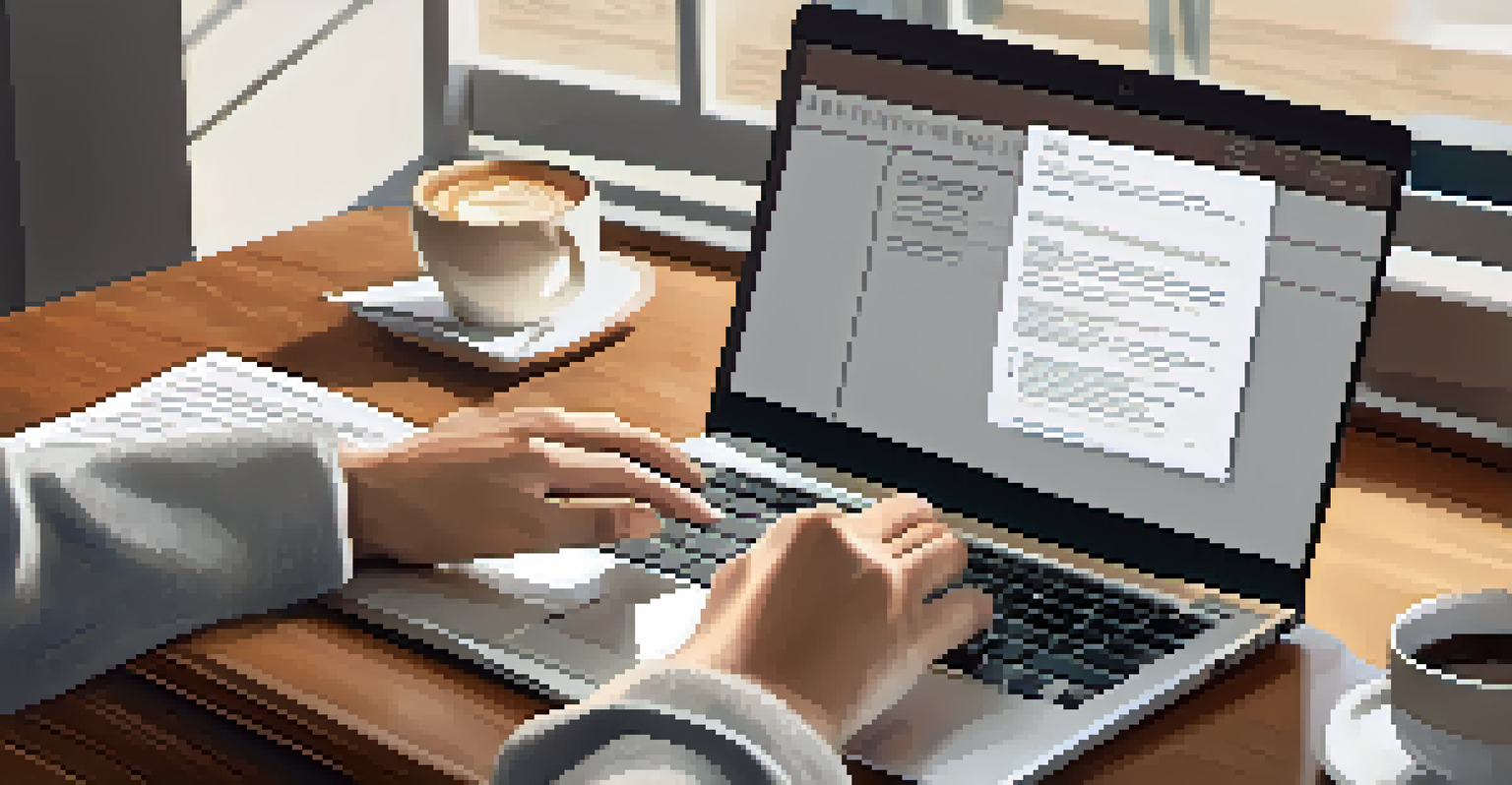 A close-up of hands typing on a laptop with a resume displayed on the screen in a cozy workspace.