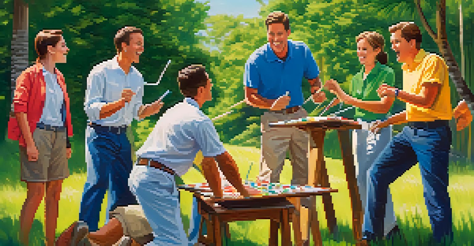 A team-building activity outdoors with employees engaged in collaborative problem-solving, showcasing teamwork and positivity.