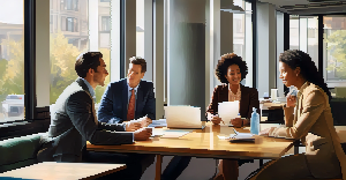 A group of diverse professionals in a modern office discussing actively around a table, with expressions of engagement and natural light coming through the windows.