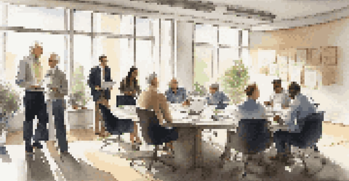 A diverse group of employees in a modern office discussing retirement plans at a conference table with documents and laptops.