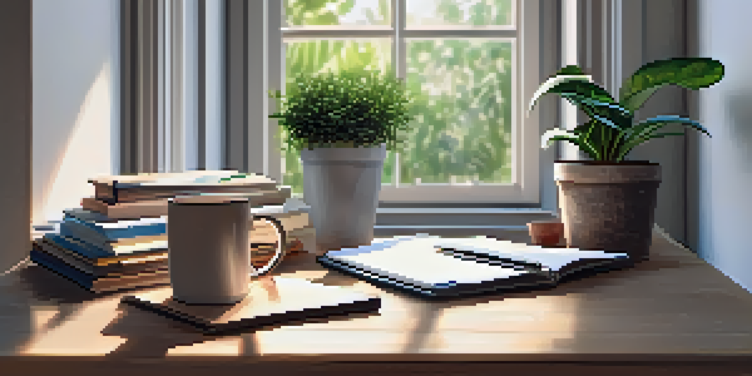 A professional workspace with a laptop, notepad, and coffee cup on a desk, illuminated by natural light from a window.