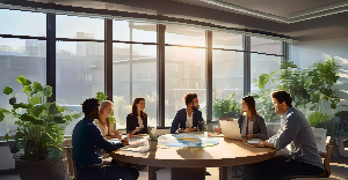 A diverse group of professionals in a bright office discussing ideas around a round table with plants and motivational posters.