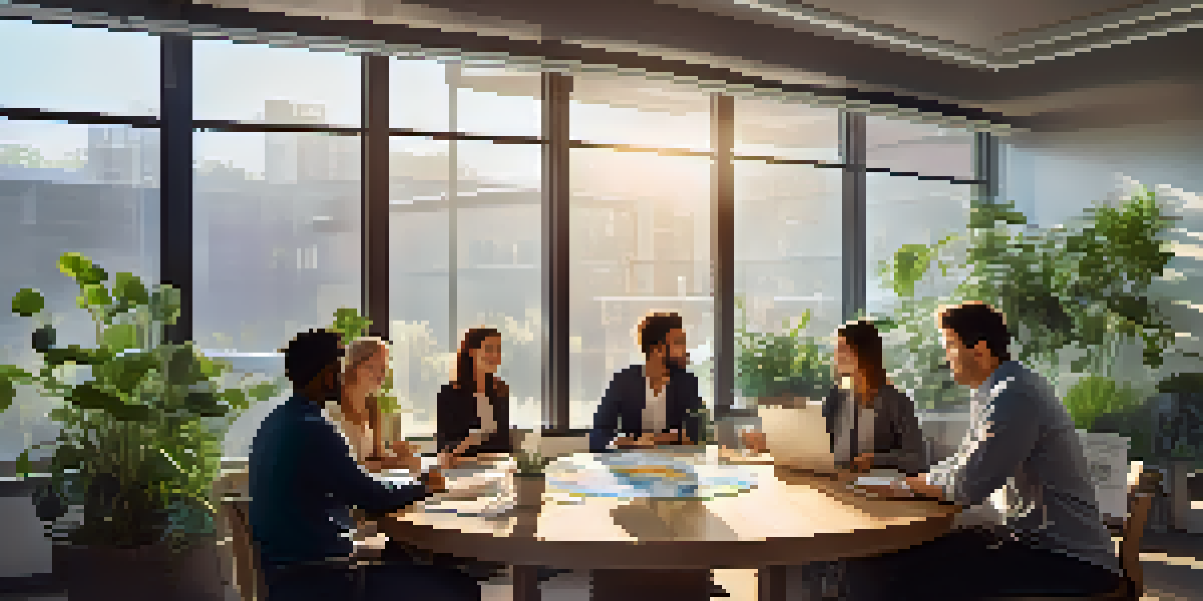 A diverse group of professionals in a bright office discussing ideas around a round table with plants and motivational posters.