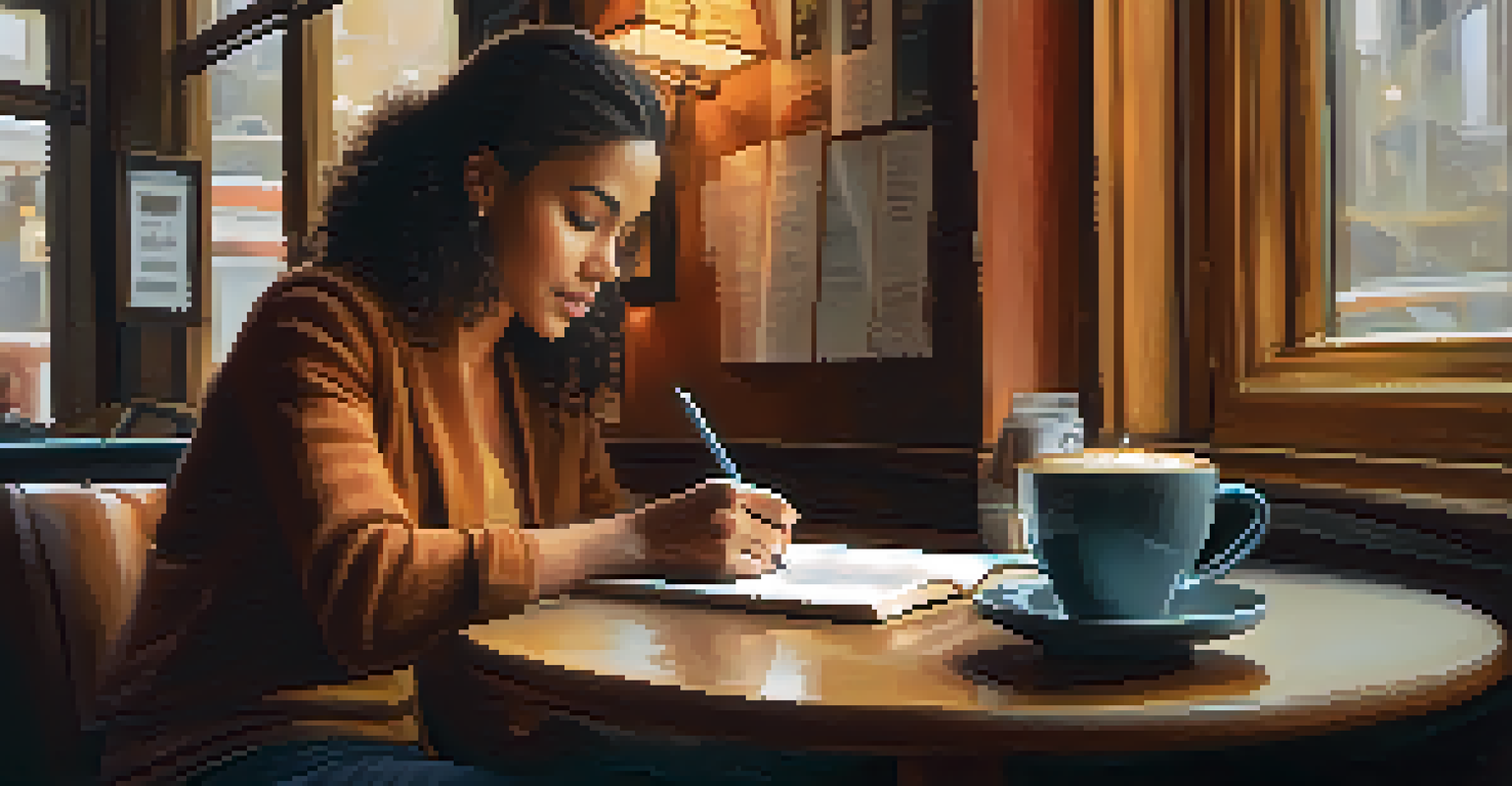 A person journaling in a cafe, reflecting on emotional intelligence, with a coffee cup nearby.