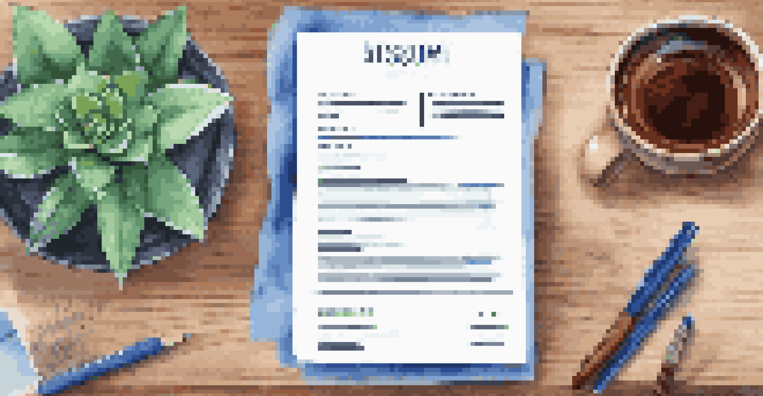 A flat lay of a resume template, pen, and tea cup on a wooden table with a plant in the background.