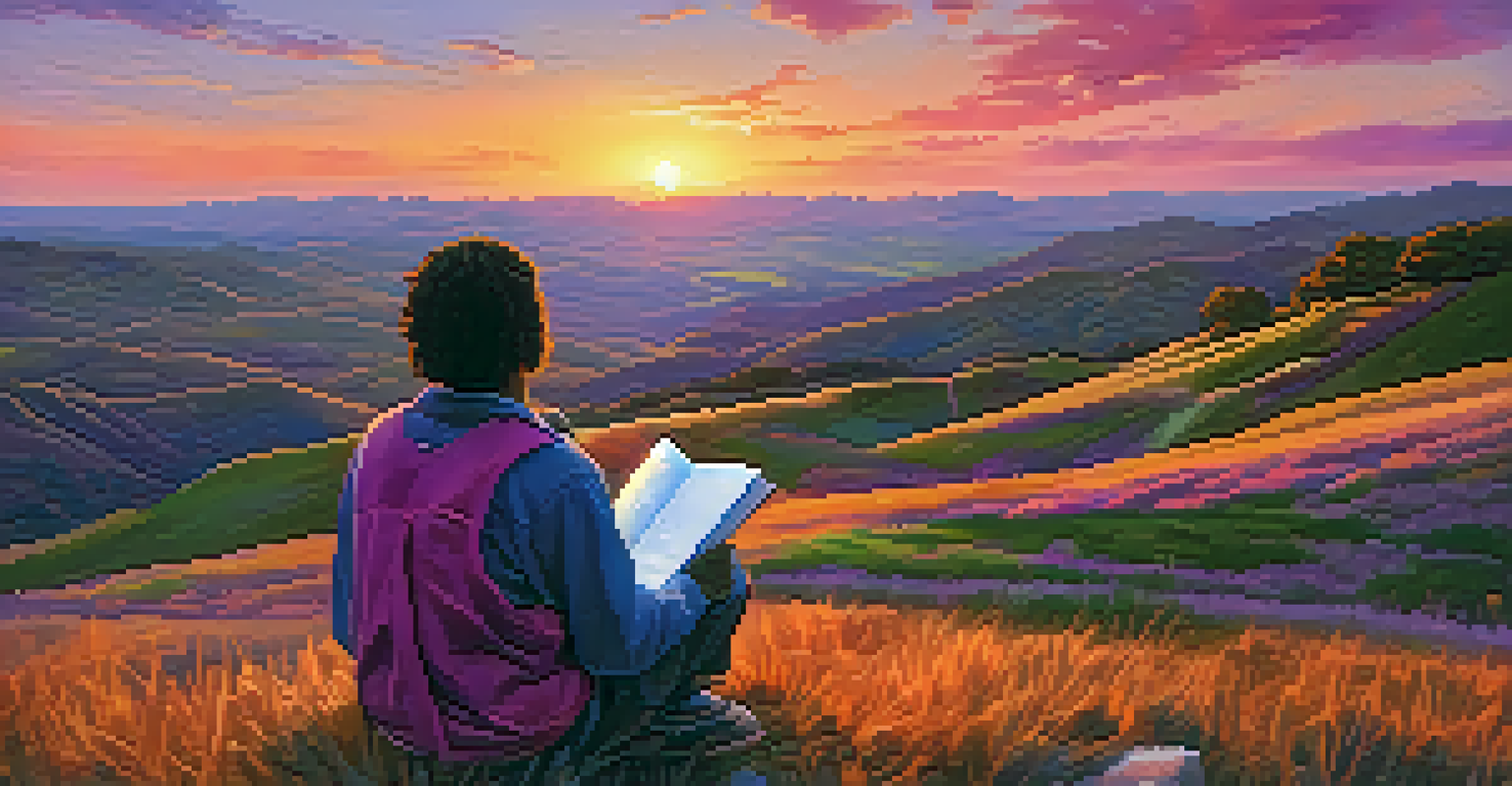 A person sitting on a hilltop at sunset, journaling and reflecting on personal development goals.