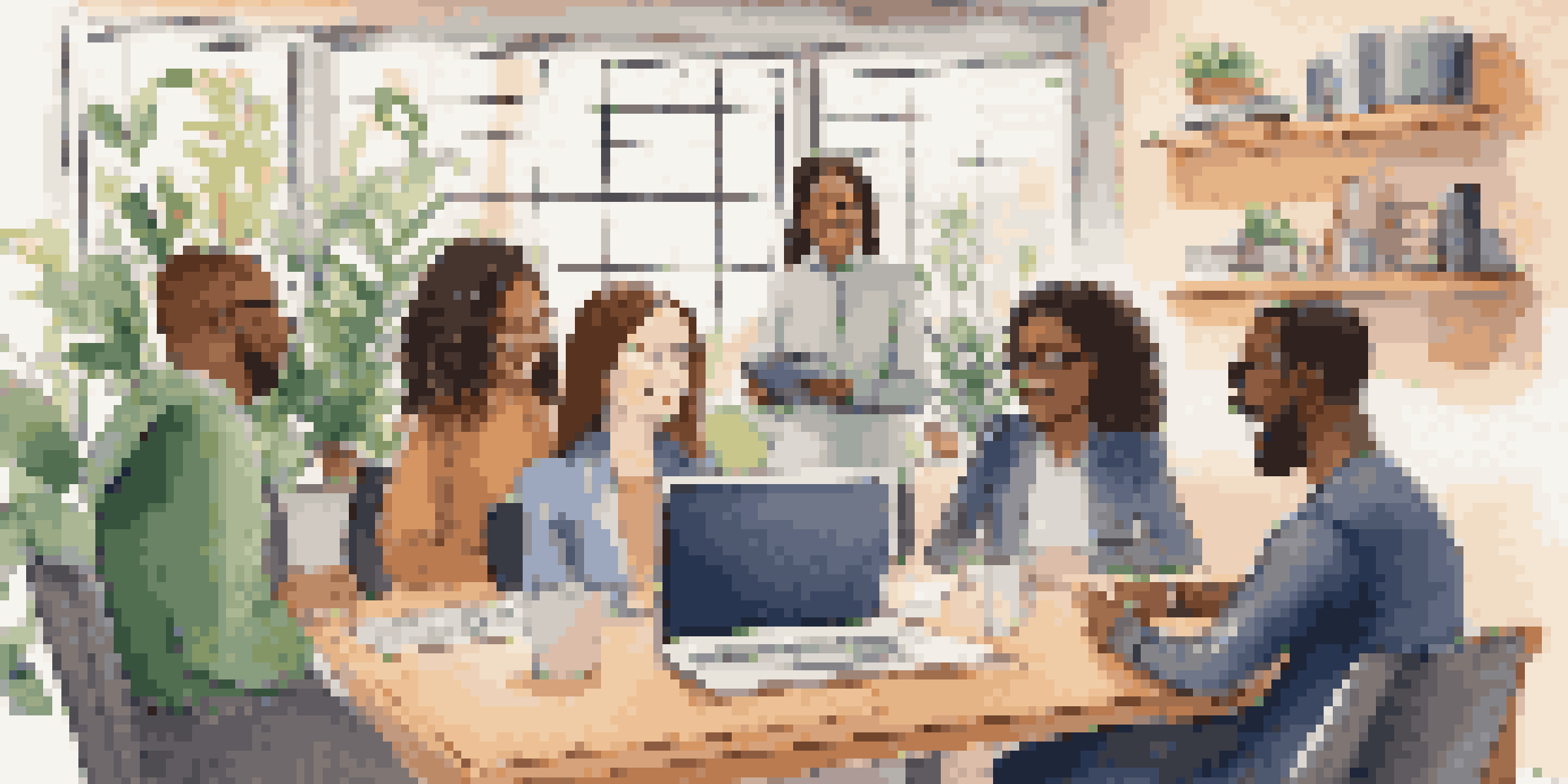 A group of diverse individuals participating in a virtual networking video call, smiling and engaging in conversation, with a cozy home office setting in the background.