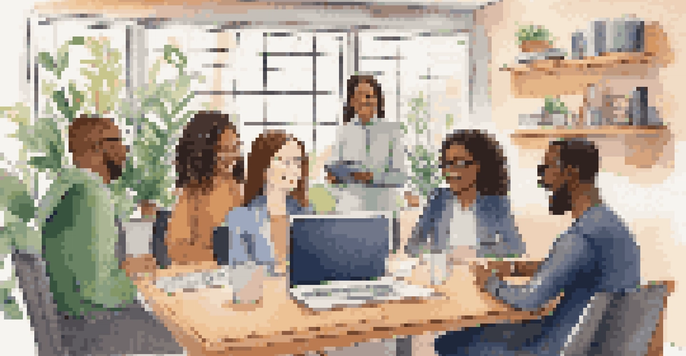 A group of diverse individuals participating in a virtual networking video call, smiling and engaging in conversation, with a cozy home office setting in the background.