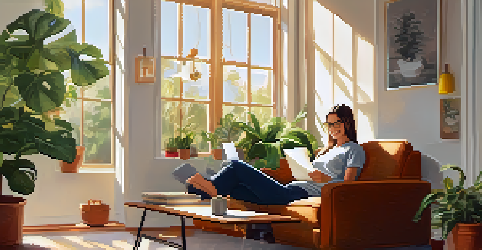 An employee reviewing their benefits package at home, sitting on a couch with a laptop and notepad in a sunny room filled with plants.