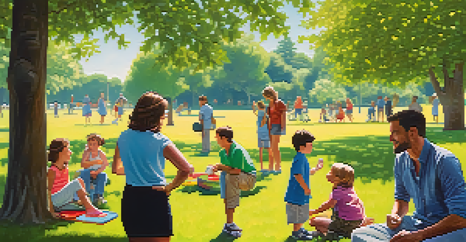 A joyful family picnic in a park with children playing and adults chatting under a clear blue sky.