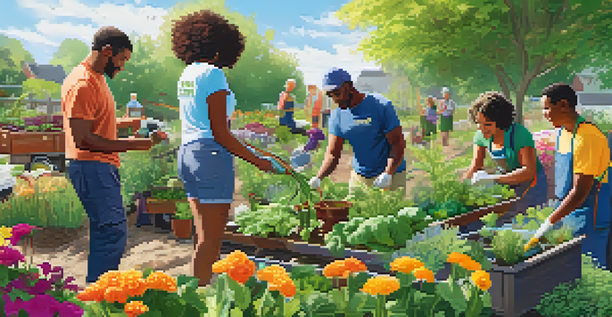 A group of diverse volunteers collaborating in a community garden, planting flowers and vegetables under sunlight.