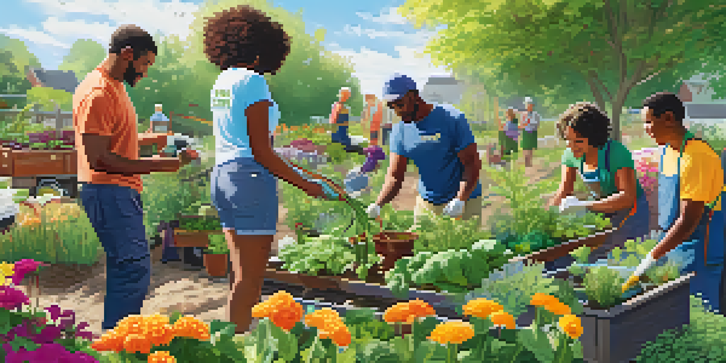 A group of diverse volunteers collaborating in a community garden, planting flowers and vegetables under sunlight.