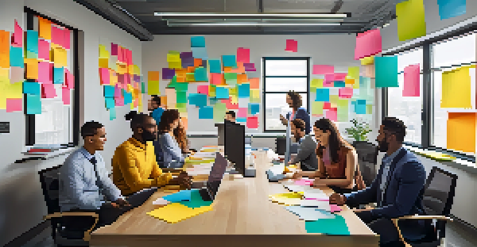 A diverse group of employees in an office brainstorming together with laptops and colorful post-it notes, illuminated by natural light.