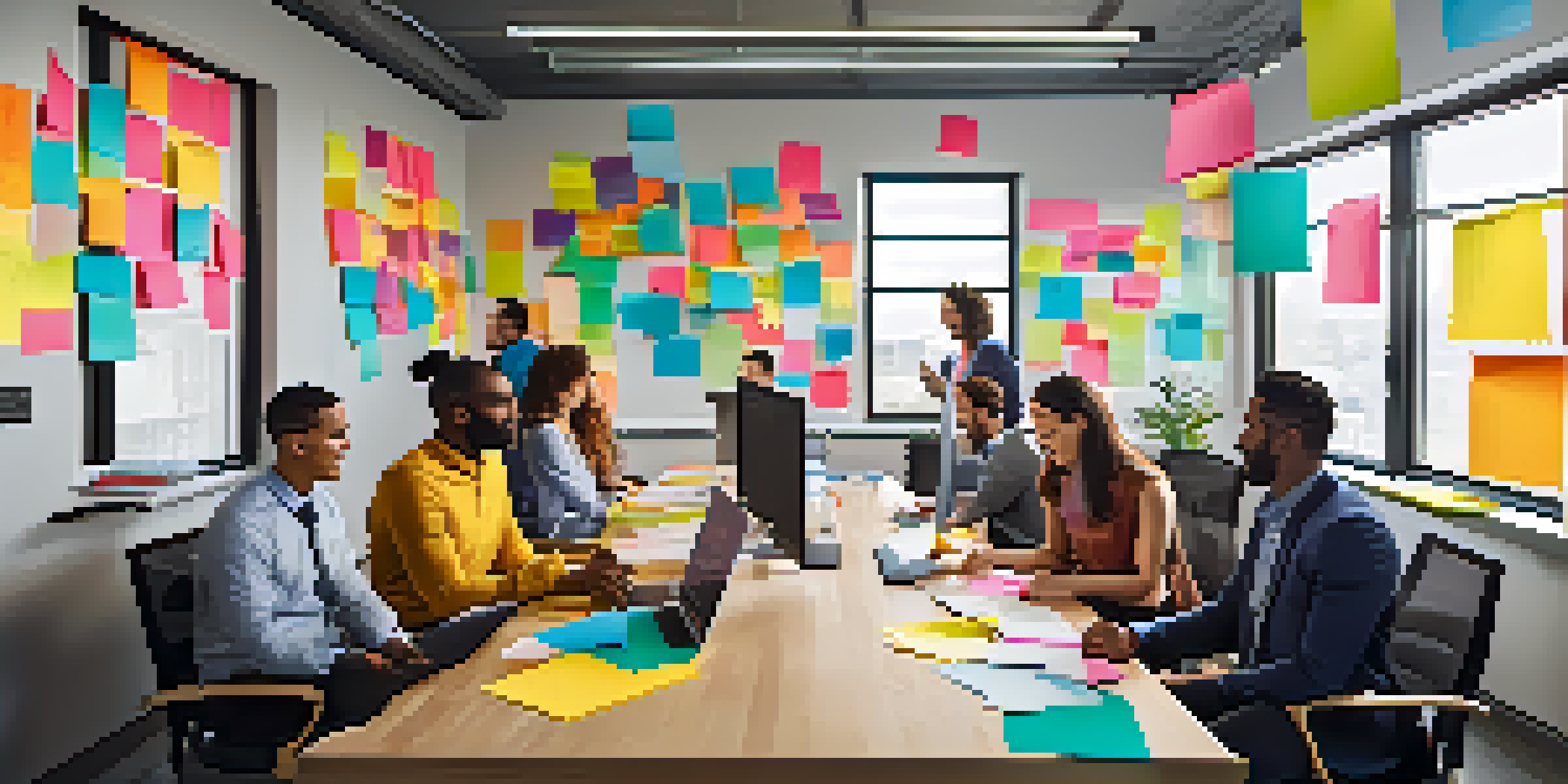A diverse group of employees in an office brainstorming together with laptops and colorful post-it notes, illuminated by natural light.