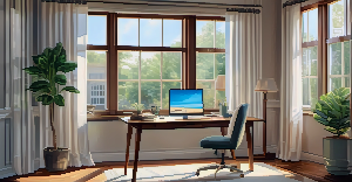 A bright and inviting home office with a neatly organized desk, laptop, and potted plant, illuminated by soft sunlight from a window.