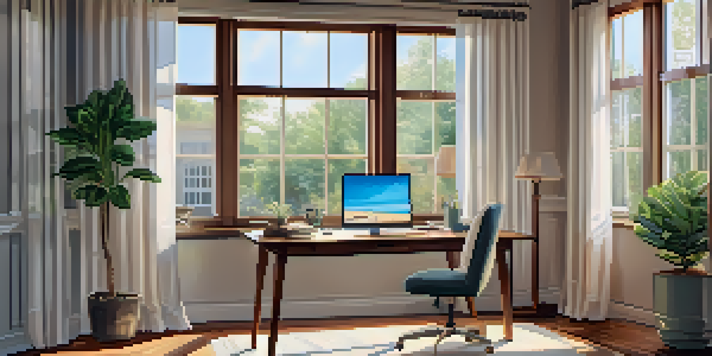 A bright and inviting home office with a neatly organized desk, laptop, and potted plant, illuminated by soft sunlight from a window.
