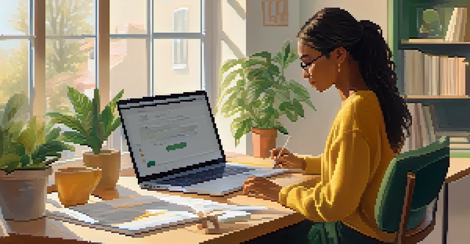 A person studying at home, sitting at a desk with a laptop and books, warm lighting creates a cozy atmosphere.