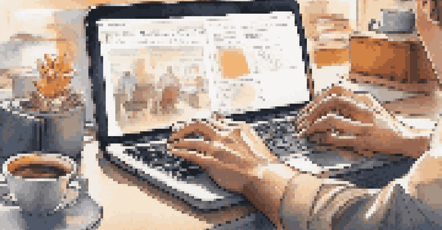 Close-up of hands typing on a laptop with a planner and coffee cup beside it, in a busy office environment.