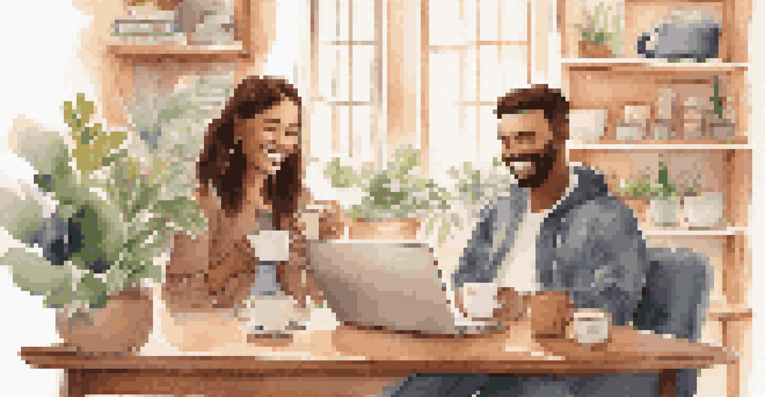 A virtual coffee chat between two individuals, smiling and holding coffee mugs in their home offices.