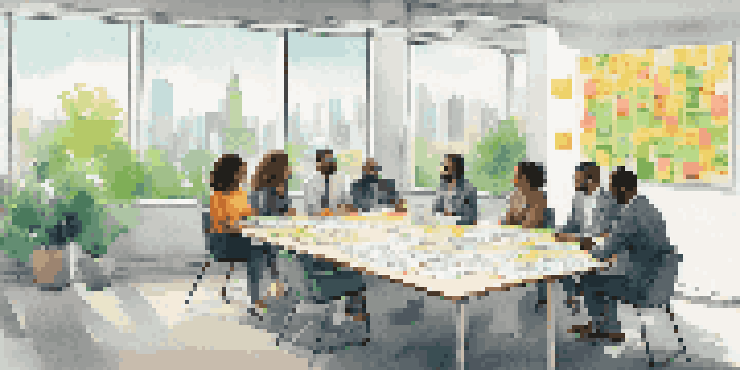 A diverse group of professionals in a bright conference room, collaborating and sharing ideas during a brainstorming session.
